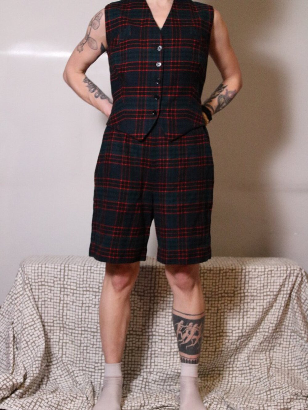 70s Plaid/Tartan Wool 2-piece Vest & Shorts XS